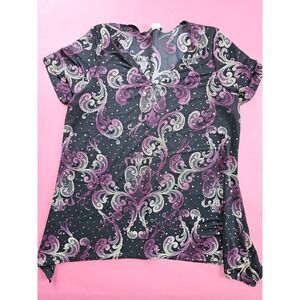 Only 9 Black Purple Scroll Rhinestone V Neck Tunic Top Women's Size M